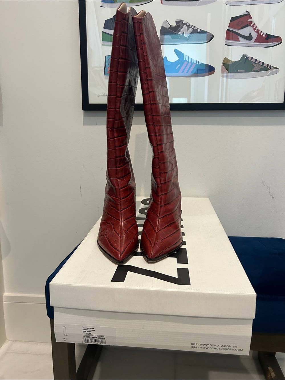 SCHUTZ Burgundy Croc-Embossed Over-the-Knee Pointed Boots